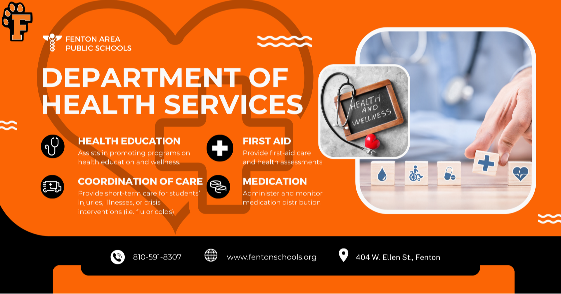 Dept. of Health Services for Fenton Schools. Covers Health Education, First Aid, Coordination of Care, and Medication.