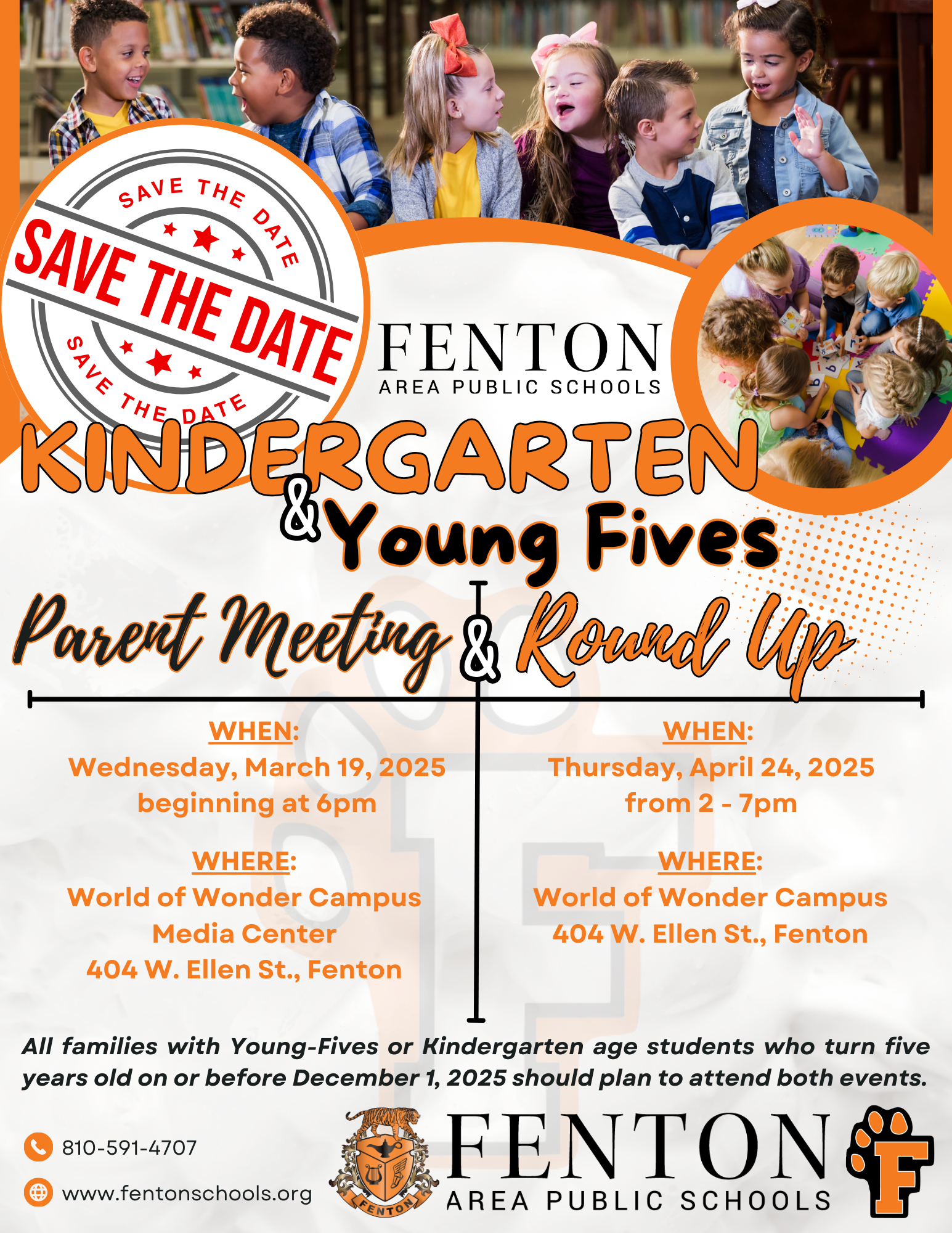 🎉 SAVE THE DATE 🎉 for our Kindergarten & Young Fives PARENT MEETING & ROUND UP for Fenton Area Public Schools!🏫 🗓Parent Meeting: Wednesday, March 19, 2025 at 6pm⏰ 🗓Round-Up: Thursday, April 24, 2025 from 2-7pm⏰ *More information will be shared as we get closer to these events!