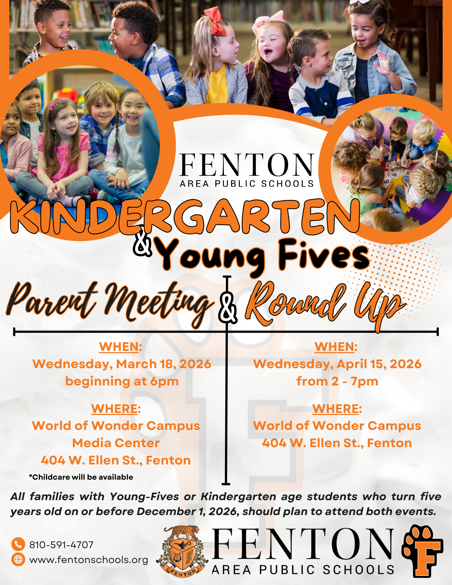 A flyer announcing the Kindergarten Round Up event at Fenton Area Public Schools on Wednesday, April 15 2026, with two time slots: 2:00-4:00pm or 5:00-7:00pm. The event includes meeting teachers, screenings, a t-shirt, readiness screening, and a craft activity.