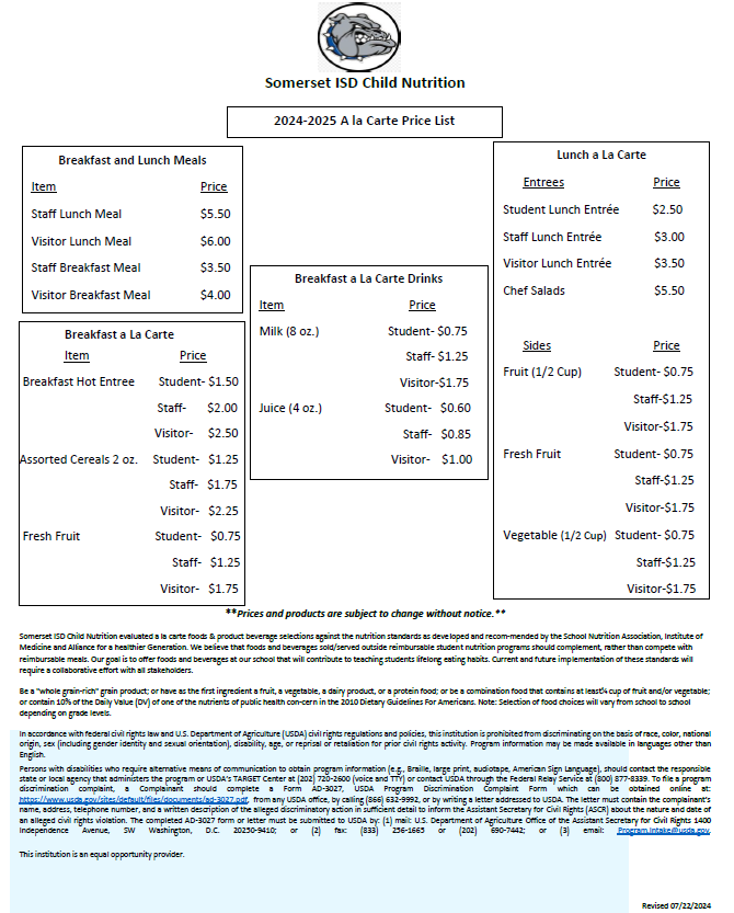 A La Carte Pricing 2024-2025