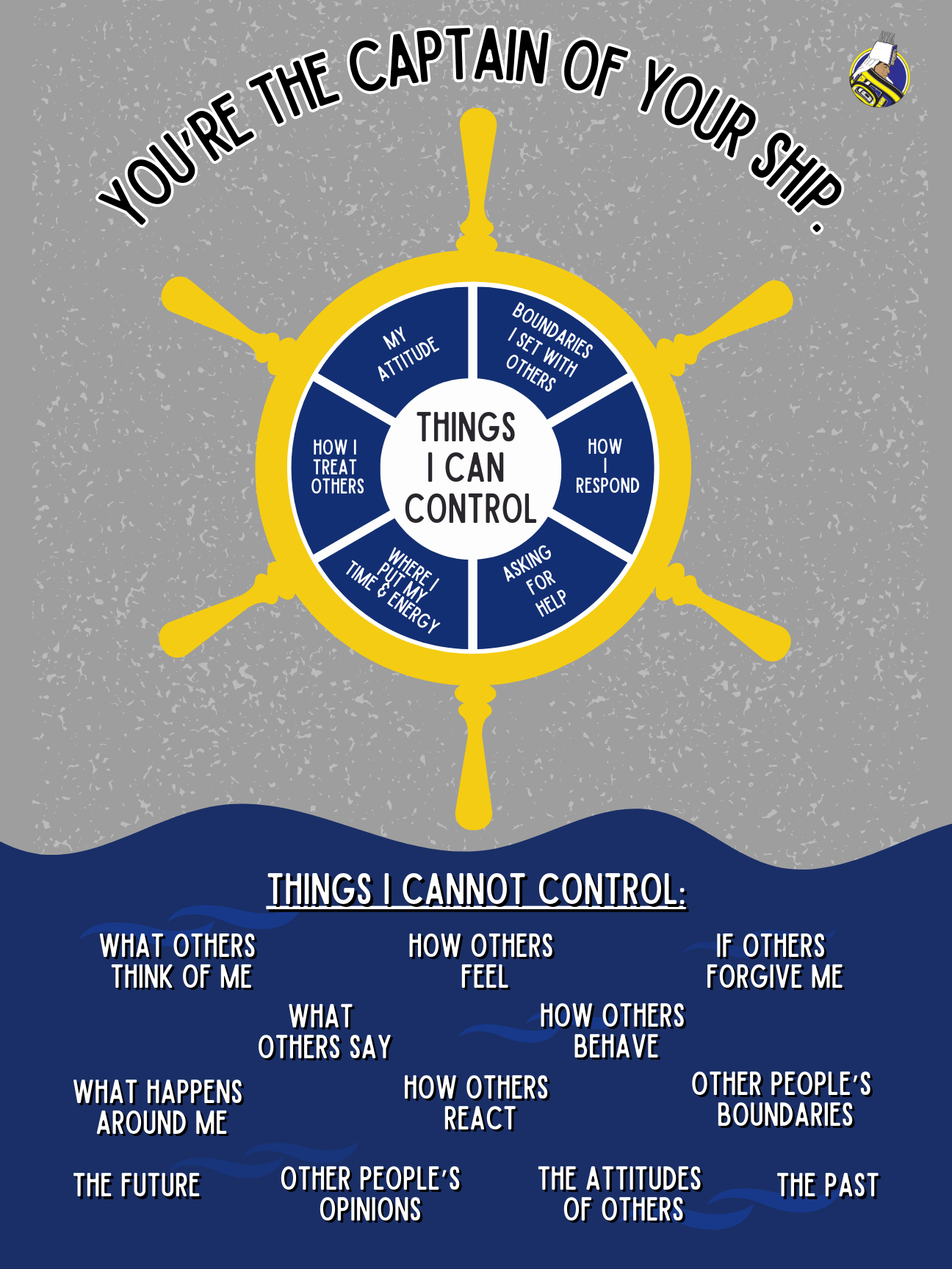 graphic with ship steering wheel and text.  