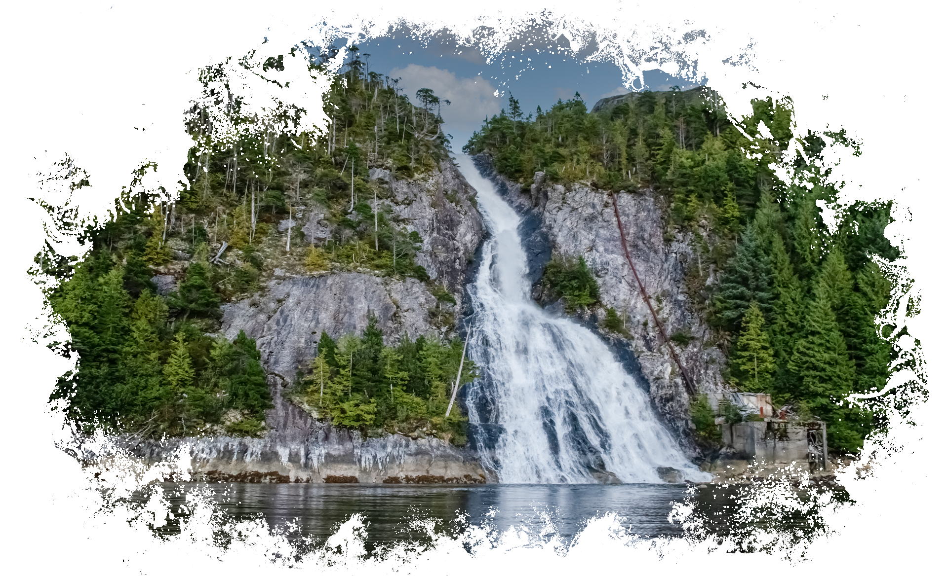 waterfall in Metlakatla's downtown bay