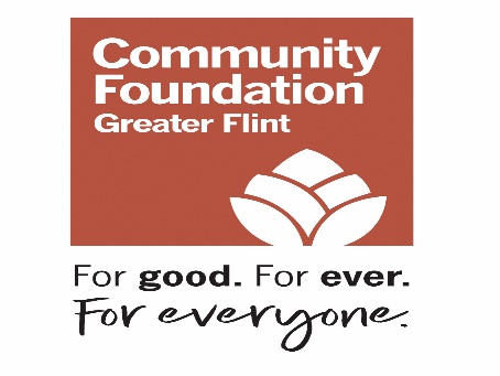 community foundation of greater flint logo; orange background; for good, for ever, for everyone