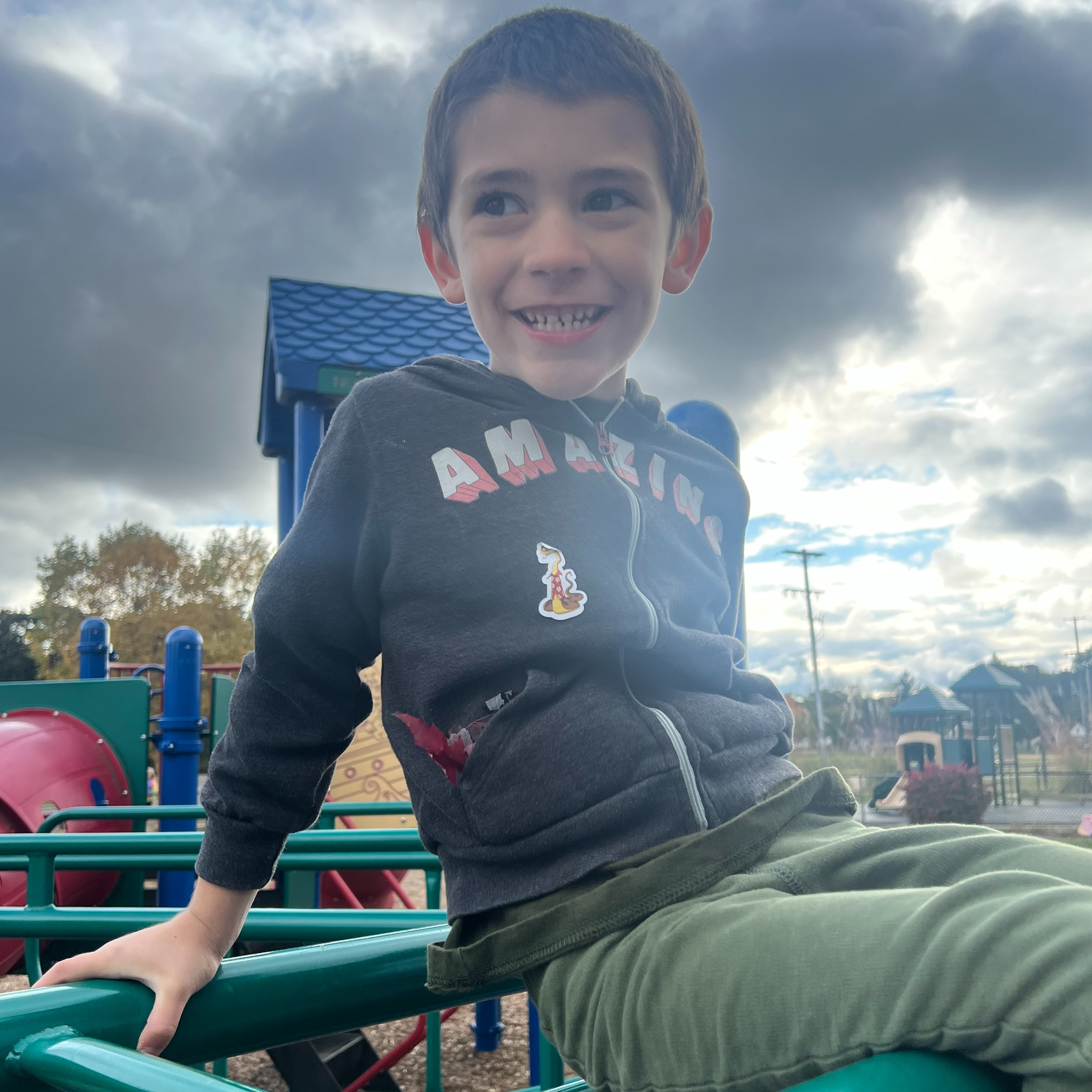 boy child sitting on monkey bars, smiling