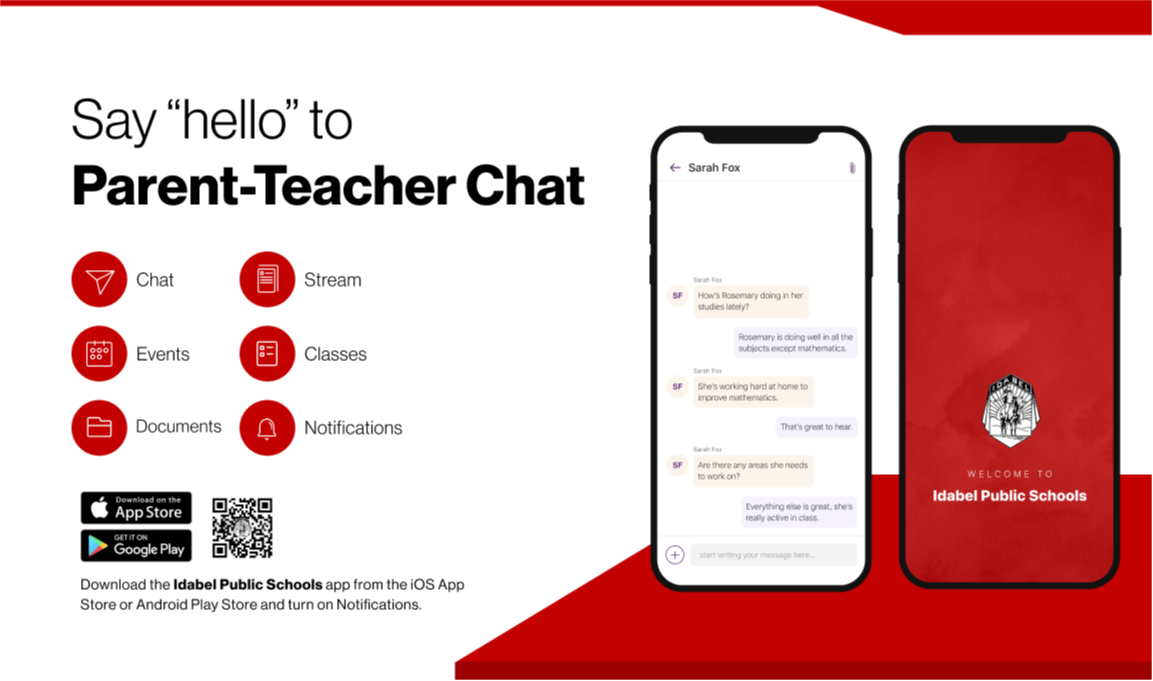 Say hello to Parent-Teacher chat in the new Rooms app. Download the Idabel Public Schools app in the Google Play or Apple App store