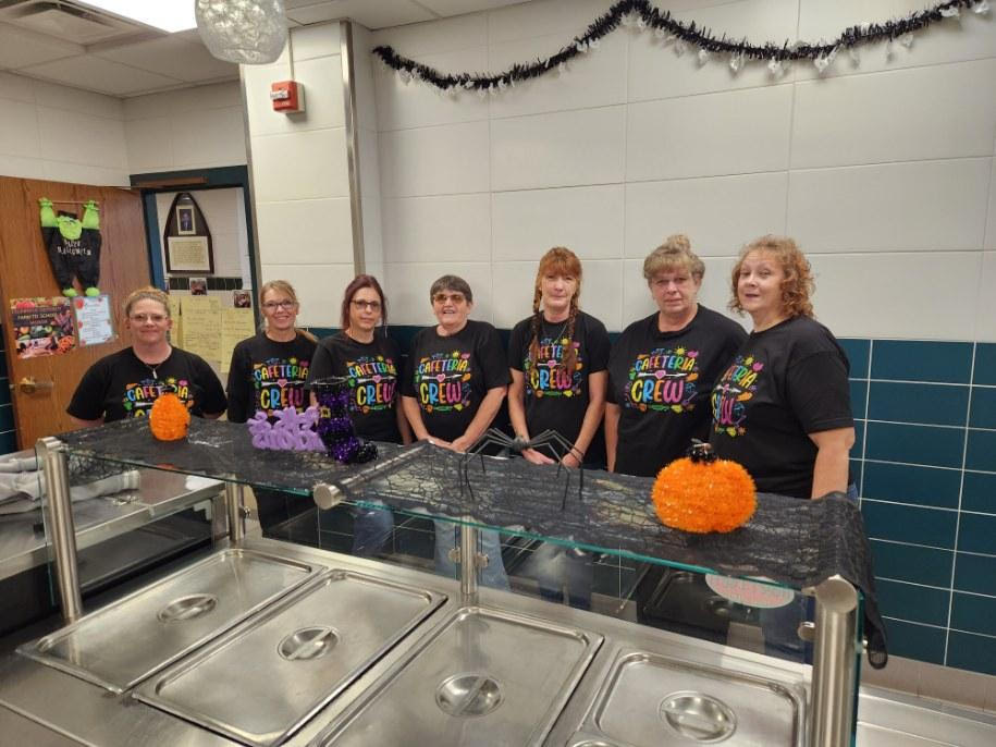 Food services team, from left to right: Ms. Sheila, Ms. Sheri, Ms. Brenda, Ms. Terry, Ms. Phaedra, Ms. Holly, and Ms. Robin