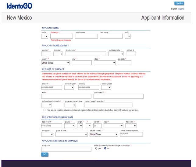 Demographic information screen