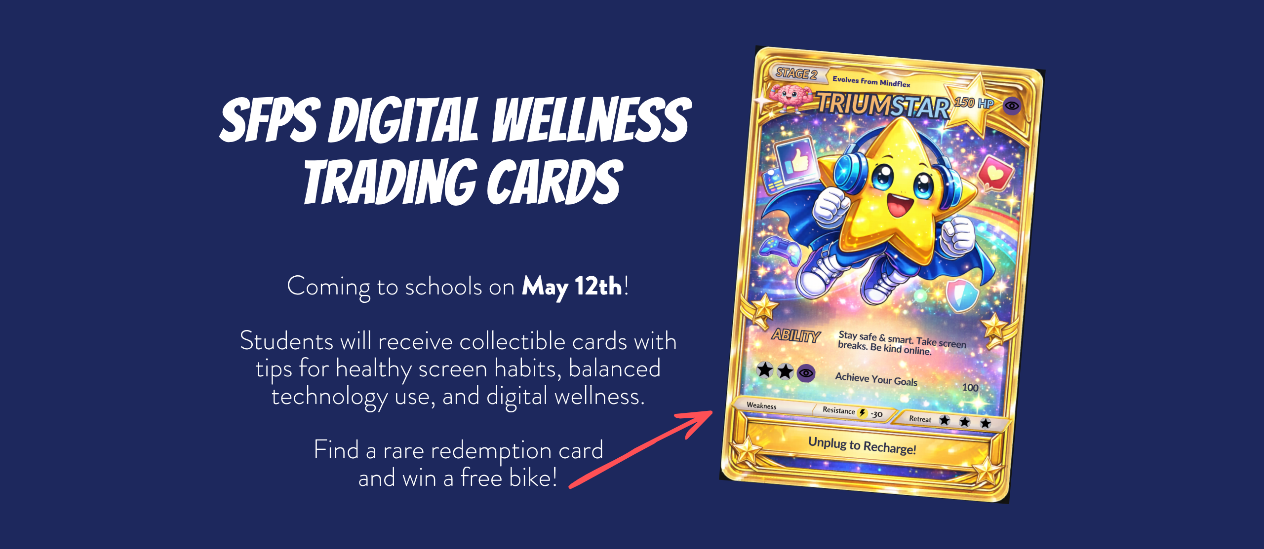 A blue background with white text reading "SFPS Digital Wellness Trading Cards." A yellow trading card with a star is shown.