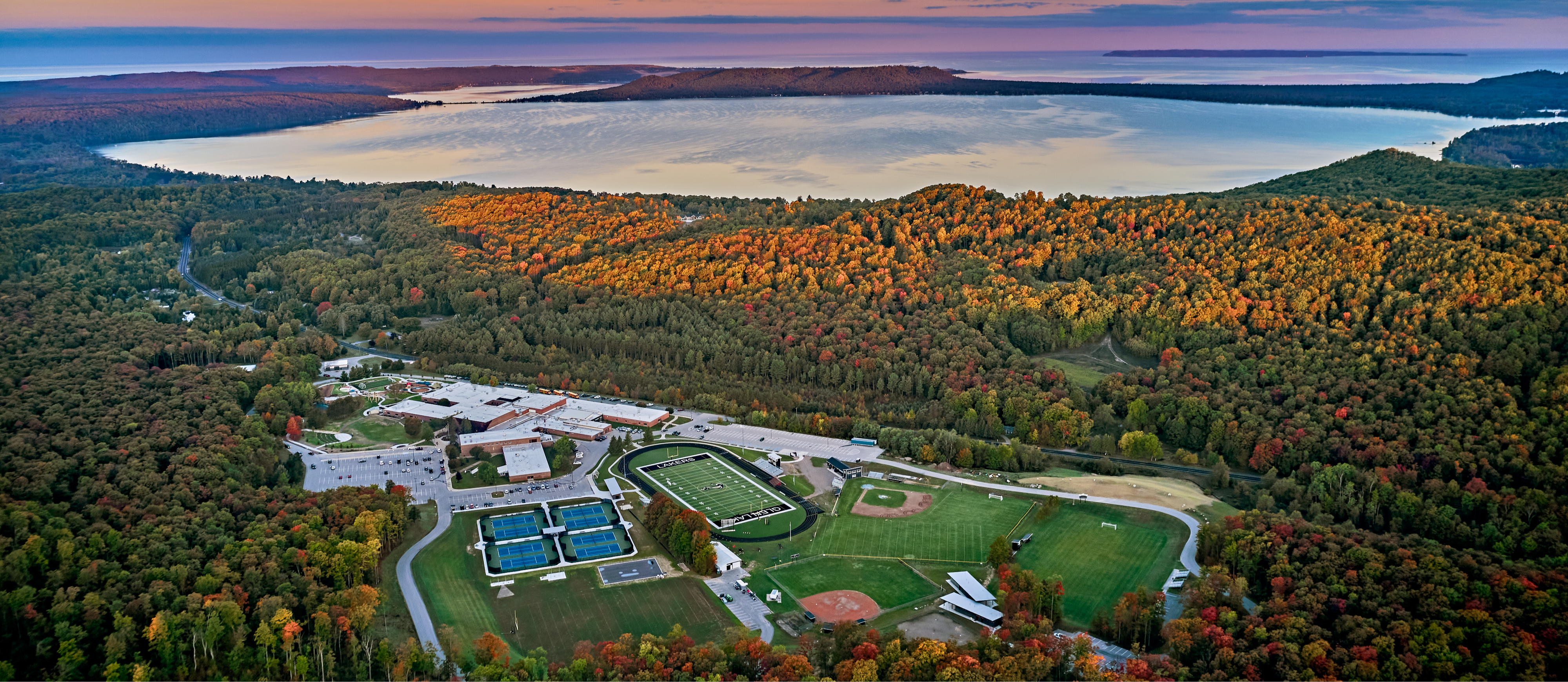 An aerial view of the school campus