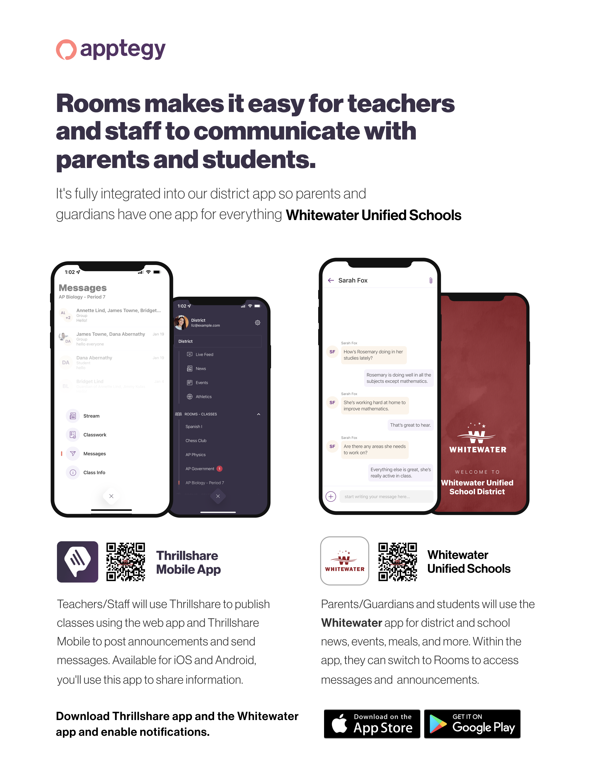 “Say hello to Parent-Teacher chat in the new Rooms app. Download the (school name) app in the Google Play or Apple App store.”