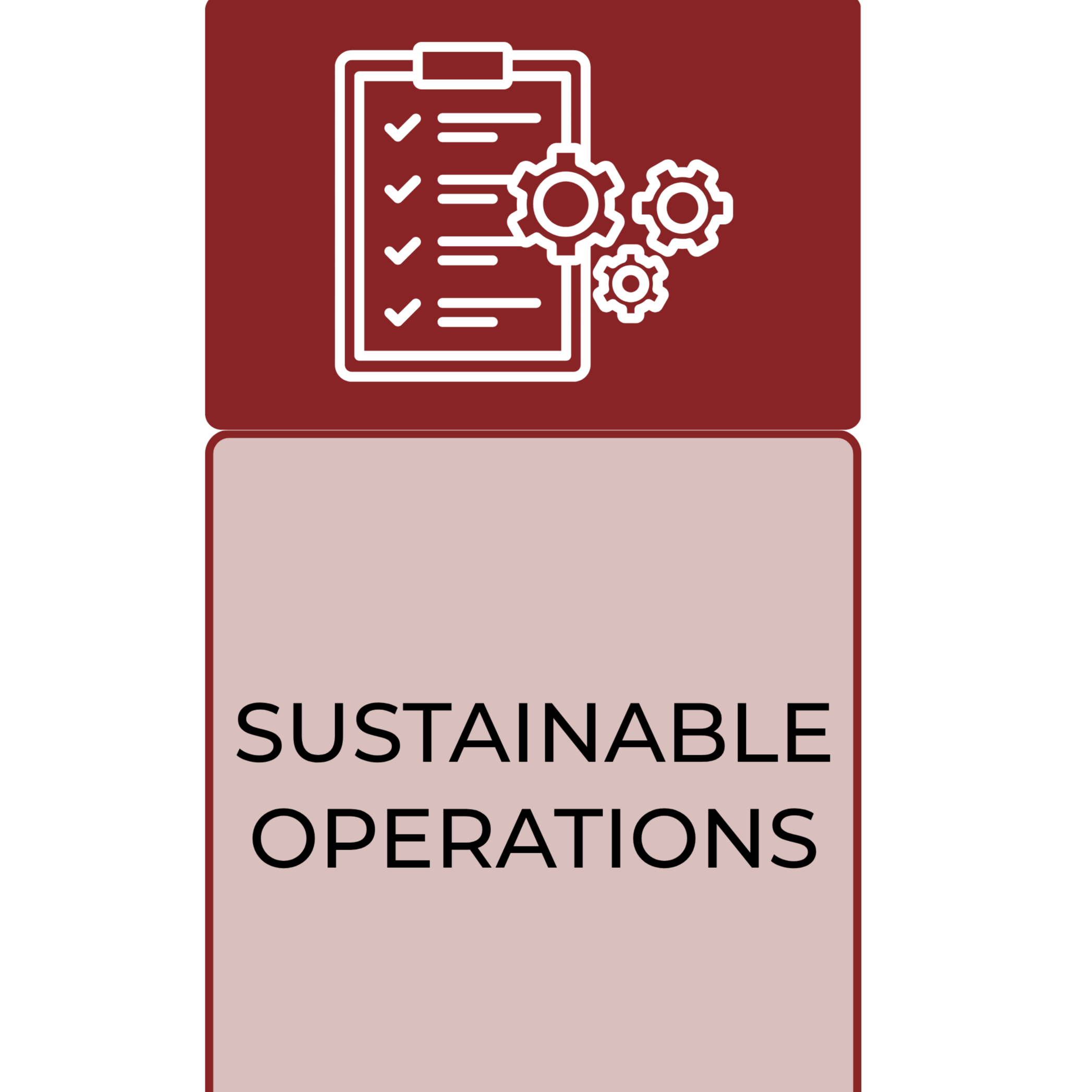 A white symbol of a checklist and gears appears on a red background. Below it, "SUSTAINABLE OPERATIONS" is in bold white letters.