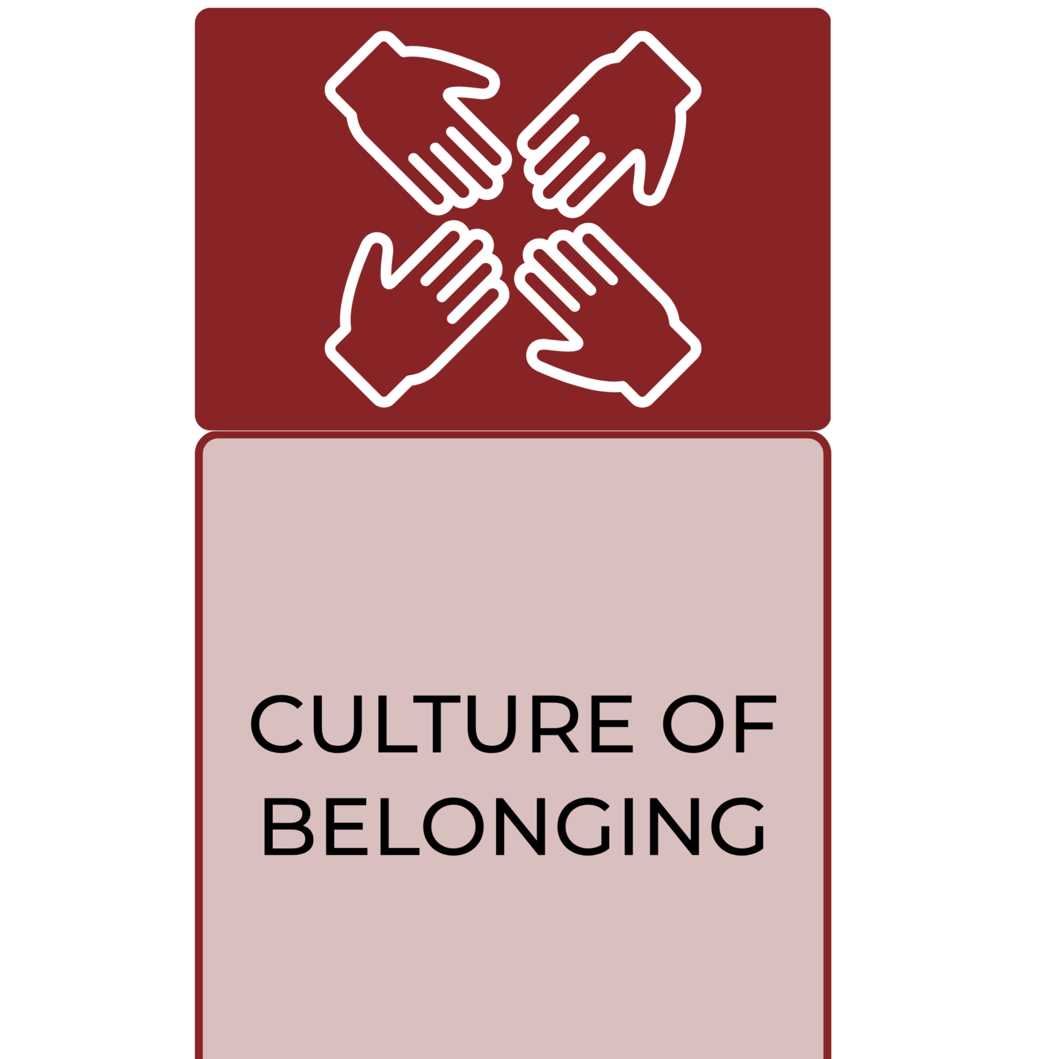 A logo features a white cross symbol in the center, with text below reading "CULTURE OF BELONGING." The logo has a maroon and white border.