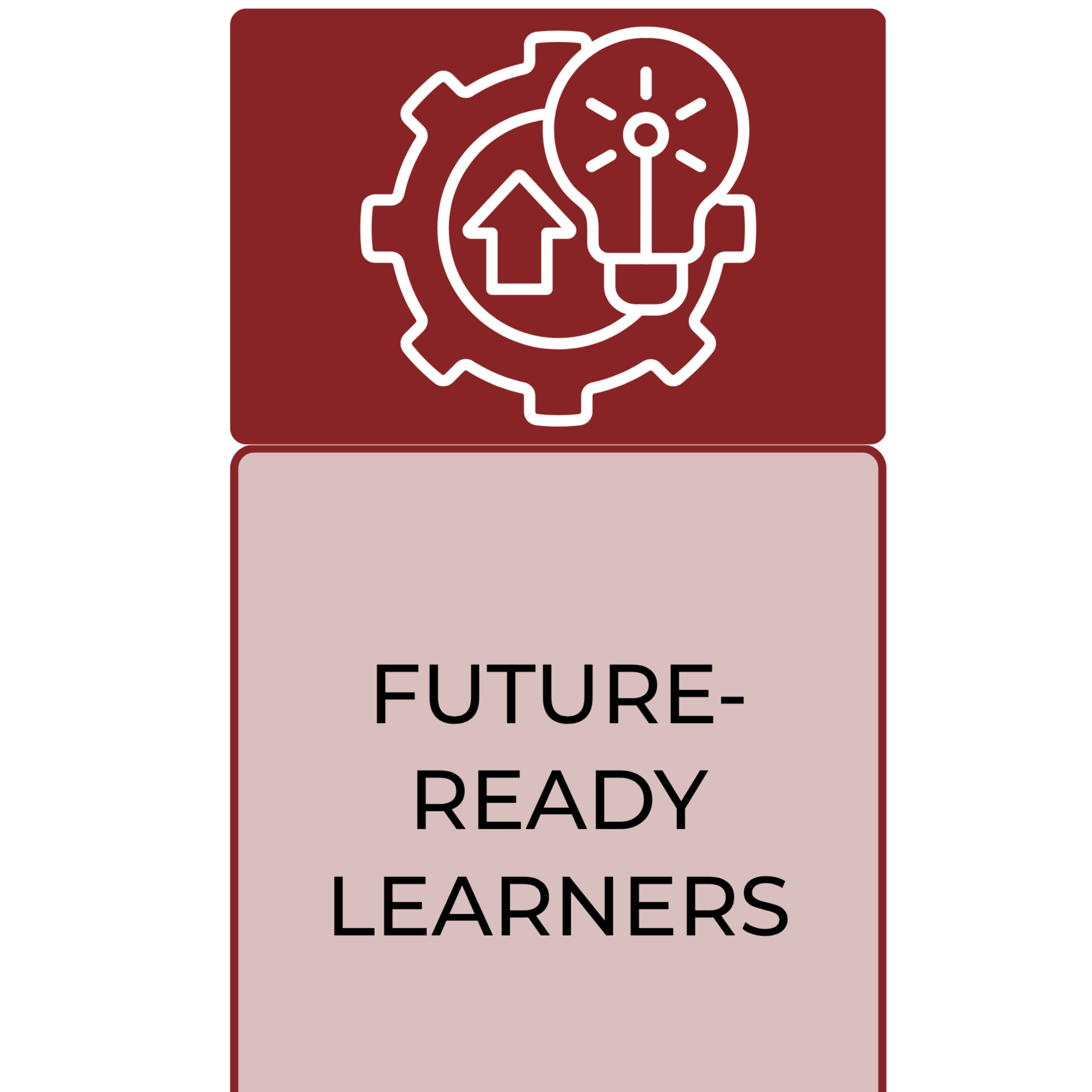 A white rectangular box with a red border displays "Future-Ready Learners" in bold white text, with a lightbulb and house icon above.
