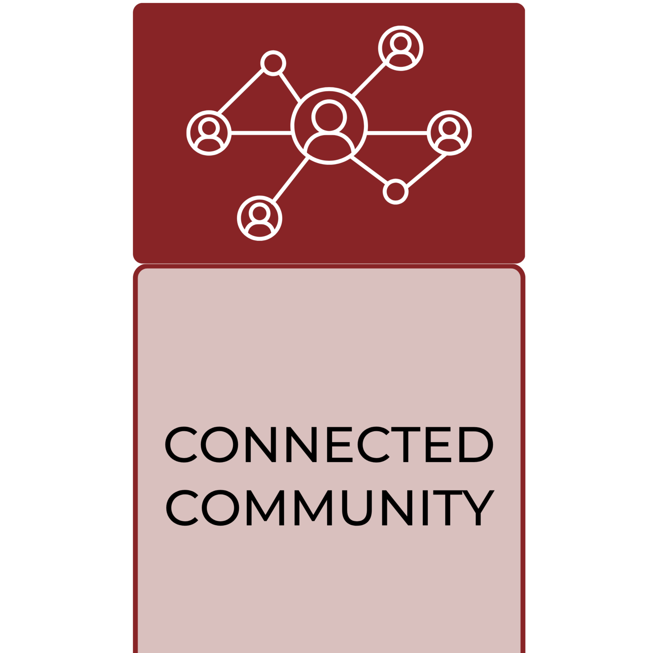 A maroon and white sign reads "CONNECTED COMMUNITY" with a white outline of people linked by lines.
