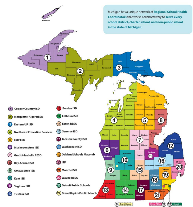 region map of Michigan for School Coordinated Health