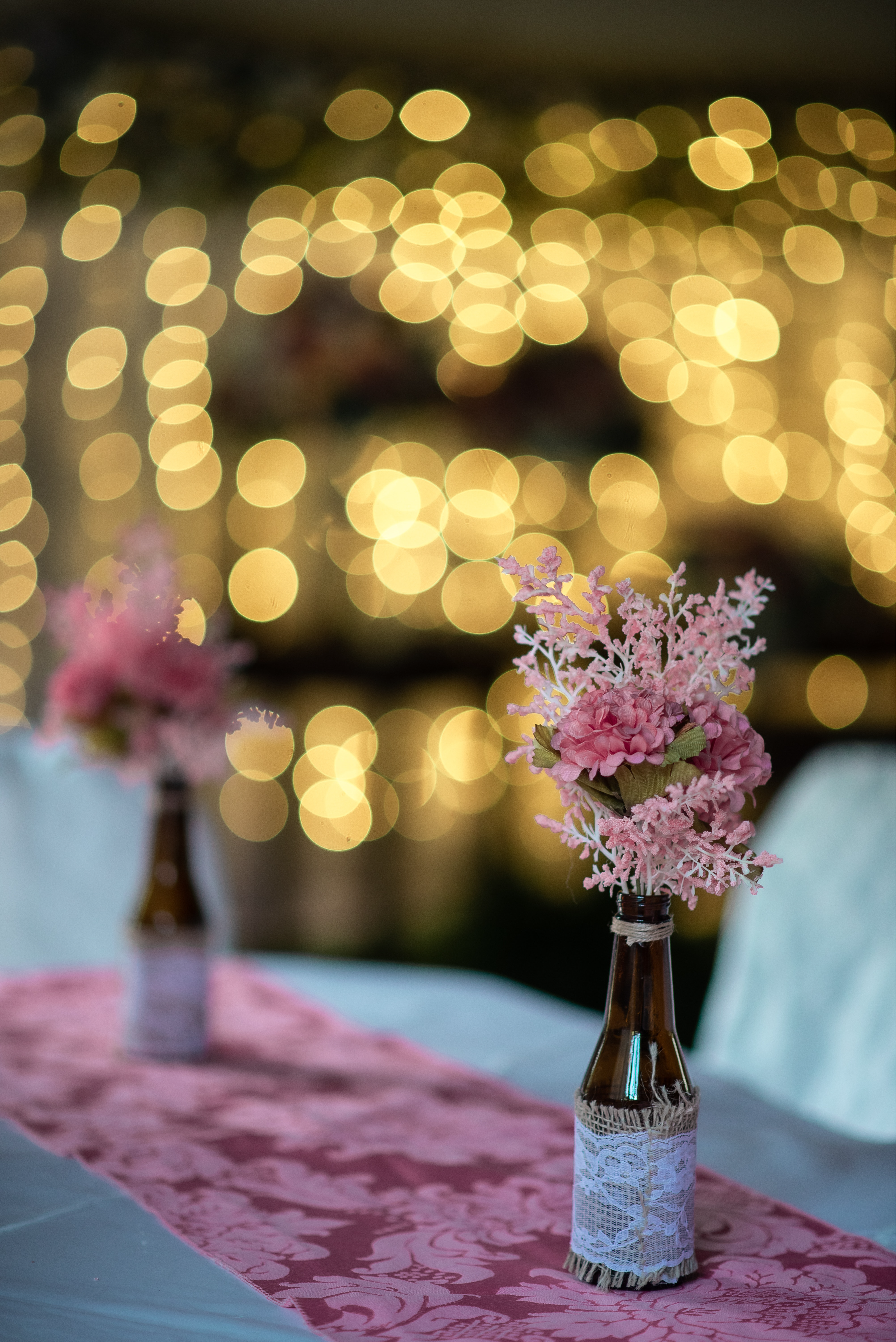 dinner table with flowers on it