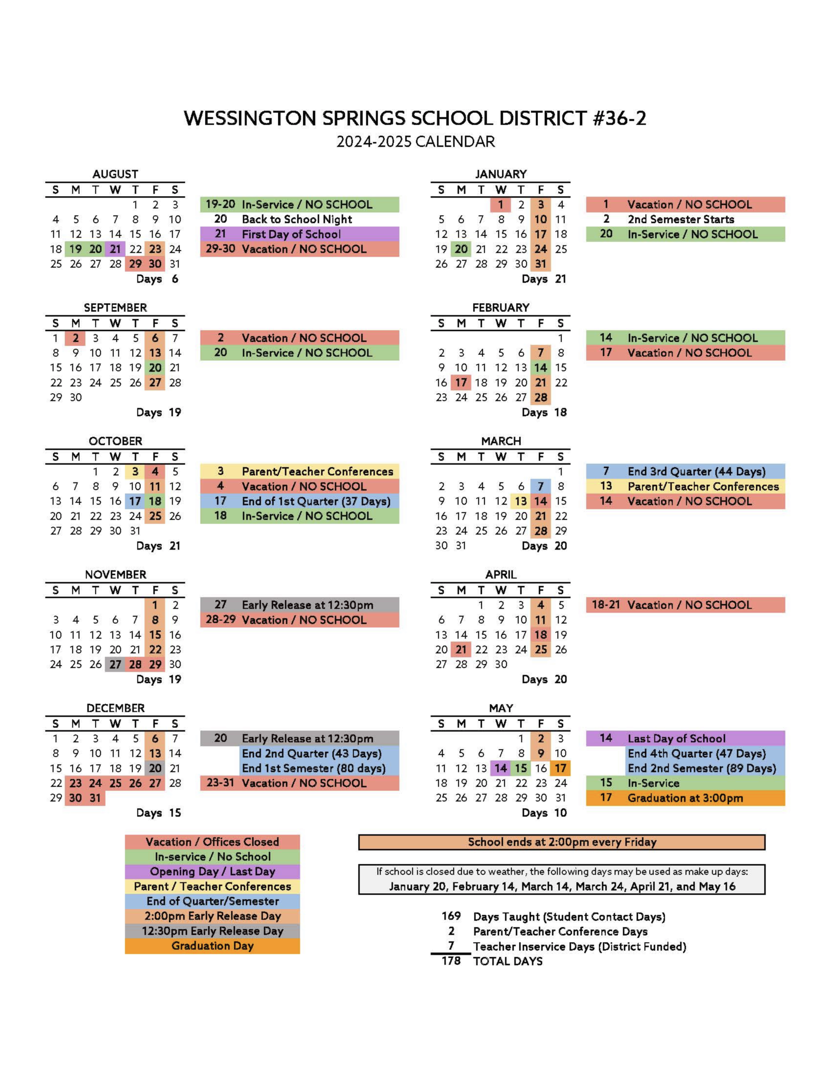 202425 Academic Calendar Wessington Springs School District