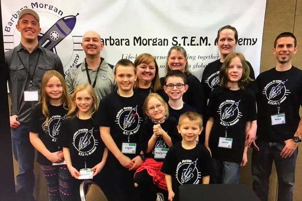 barbara morgan students with robotics instructors - group photo