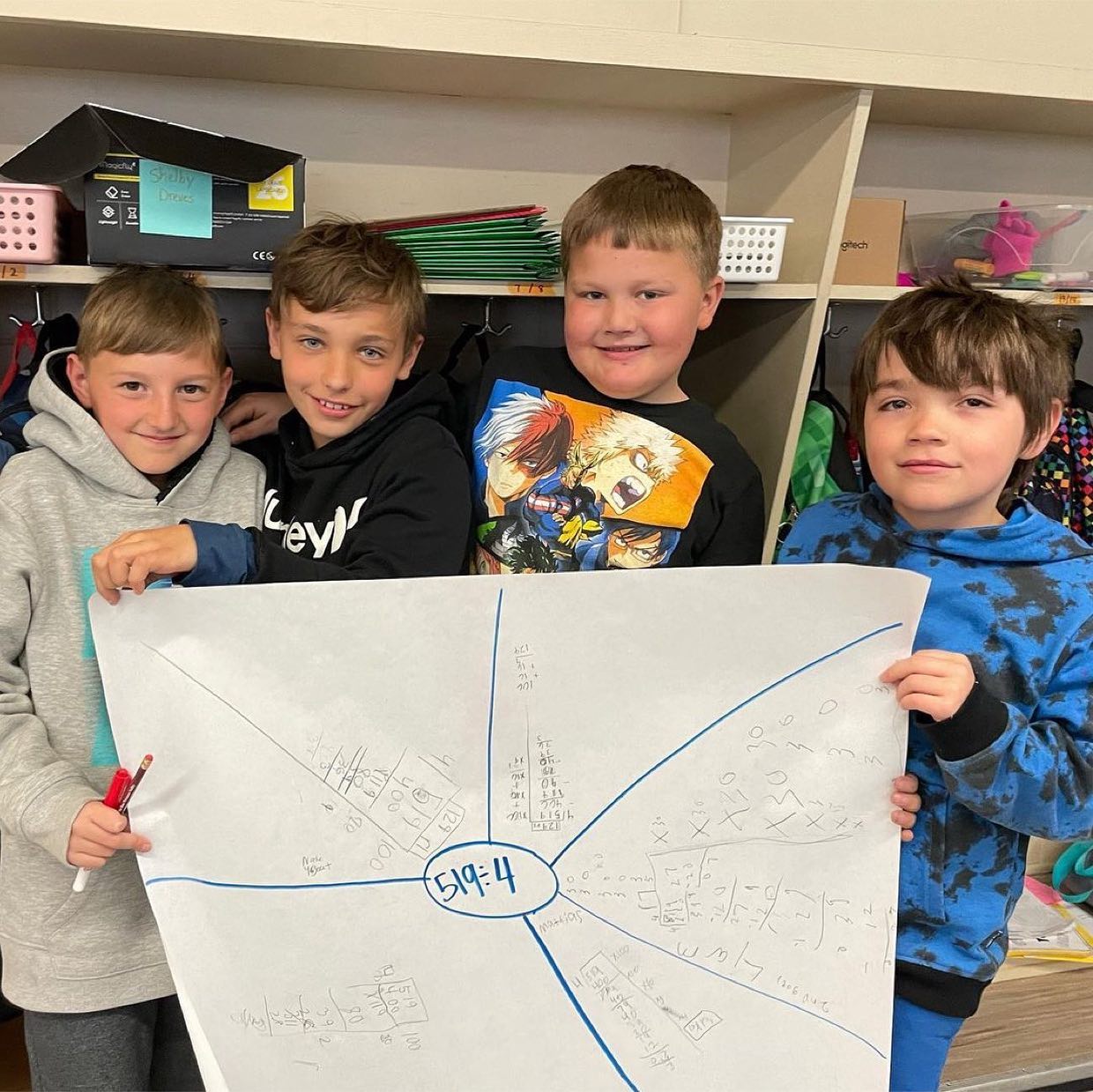 four boys hold up classroom poster of work