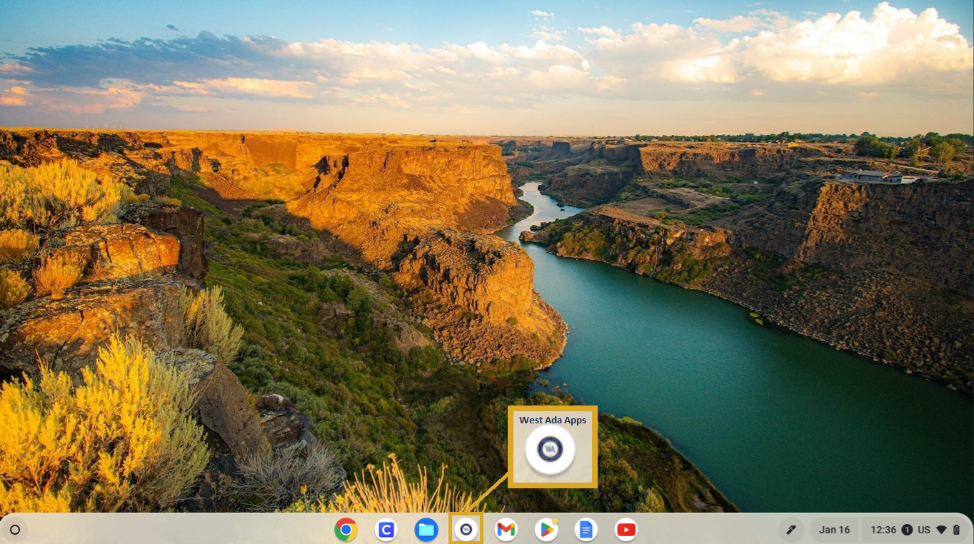 Screenshot of a Chromebook. On the bottom center of the image, the way to access Web Apps is highlighted/circled in yellow