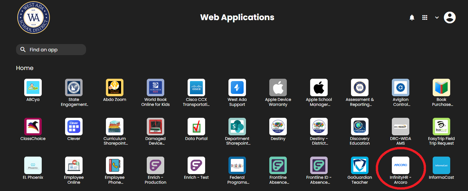 screen capture of the West Ada Web Apps portal, displaying several different apps. The ARCORO button is circled in red on the bottom right corner