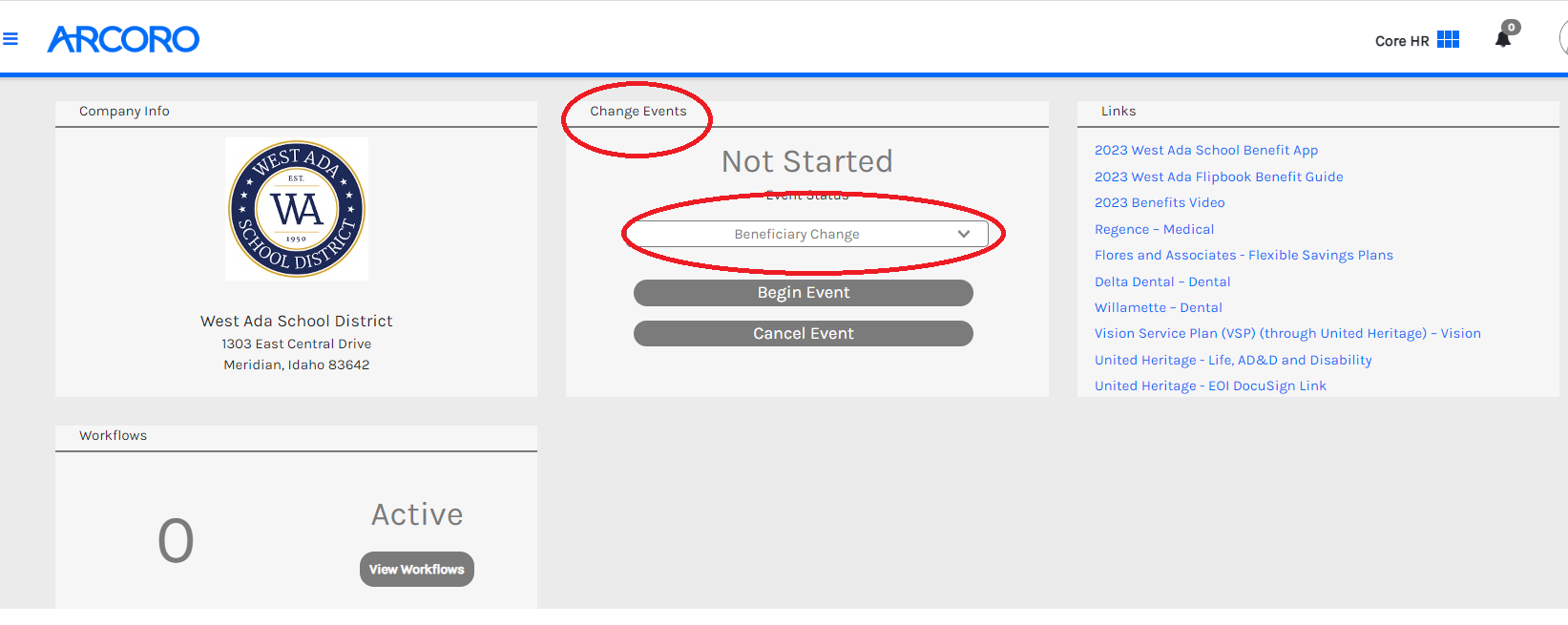 Screen grab of the ARCORO employee portal. Red circles around the "Change Events" and "Beneficiary Change"