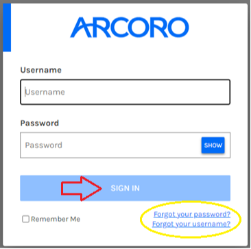 Screen grab of the ARCORO log in interface