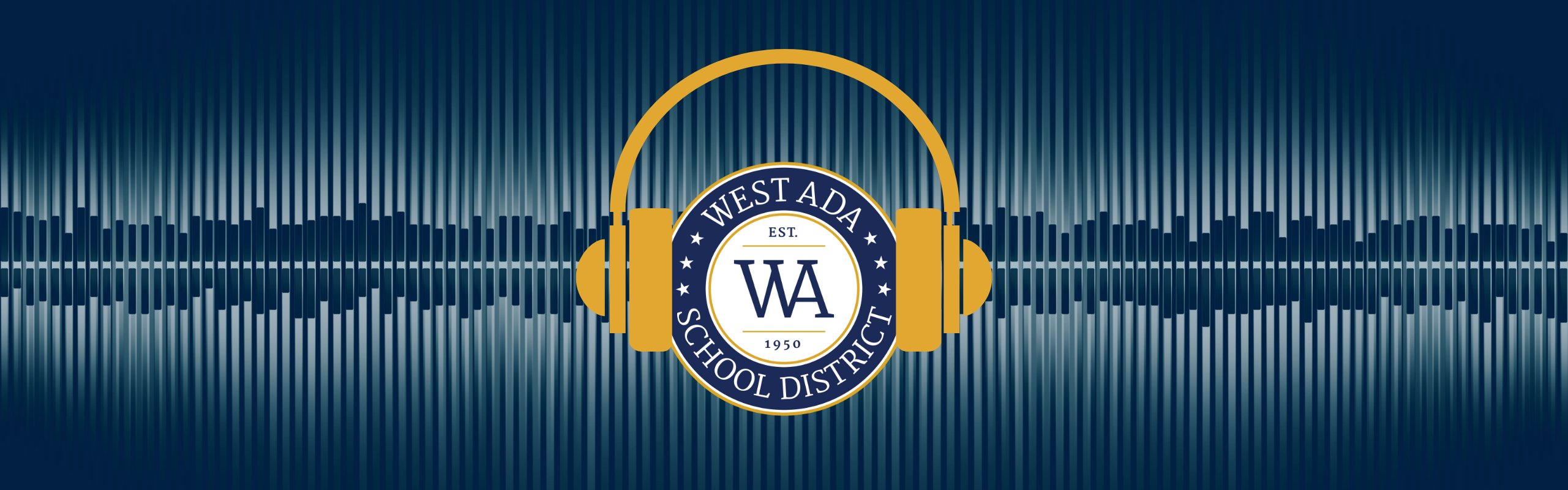 West Ada circular logo with yellow headphones around it - soundwaves in the background
