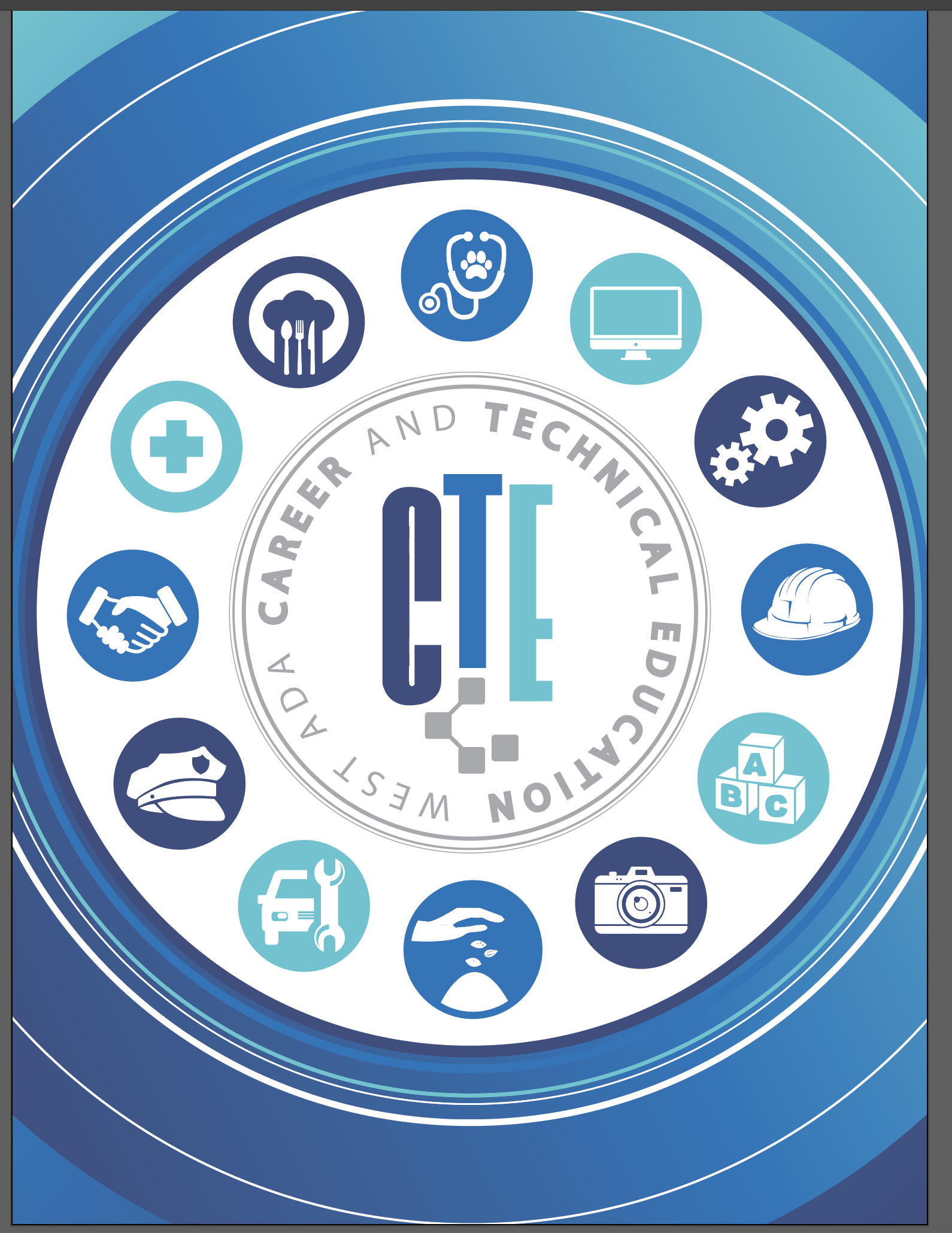 a blue wheel including CTE pathways with the CTE logo in the center. 