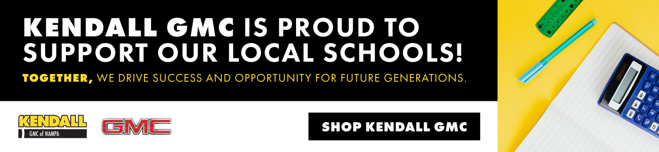 text on image: KENDALL GMC IS PROUD TO SUPPORT OUR LOCAL SCHOOLS - TOGETHER, WE DRIVE SUCCESS AND OPPORTUNITY FOR FUTURE GENERATIONS. Includes Kendall Auto & GMC logos. When clicked, redirects users to Kendall Auto website