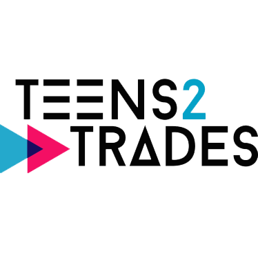 Teens 2 Trades logo with blue and pink arrows, when clicked, redirects to their webpage 