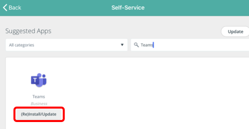 The Teams icon will show up in the area below the search. Select “(Re)Install/Update” to begin reinstalling the app.