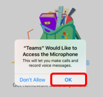 Select OK for Teams access to Microphone