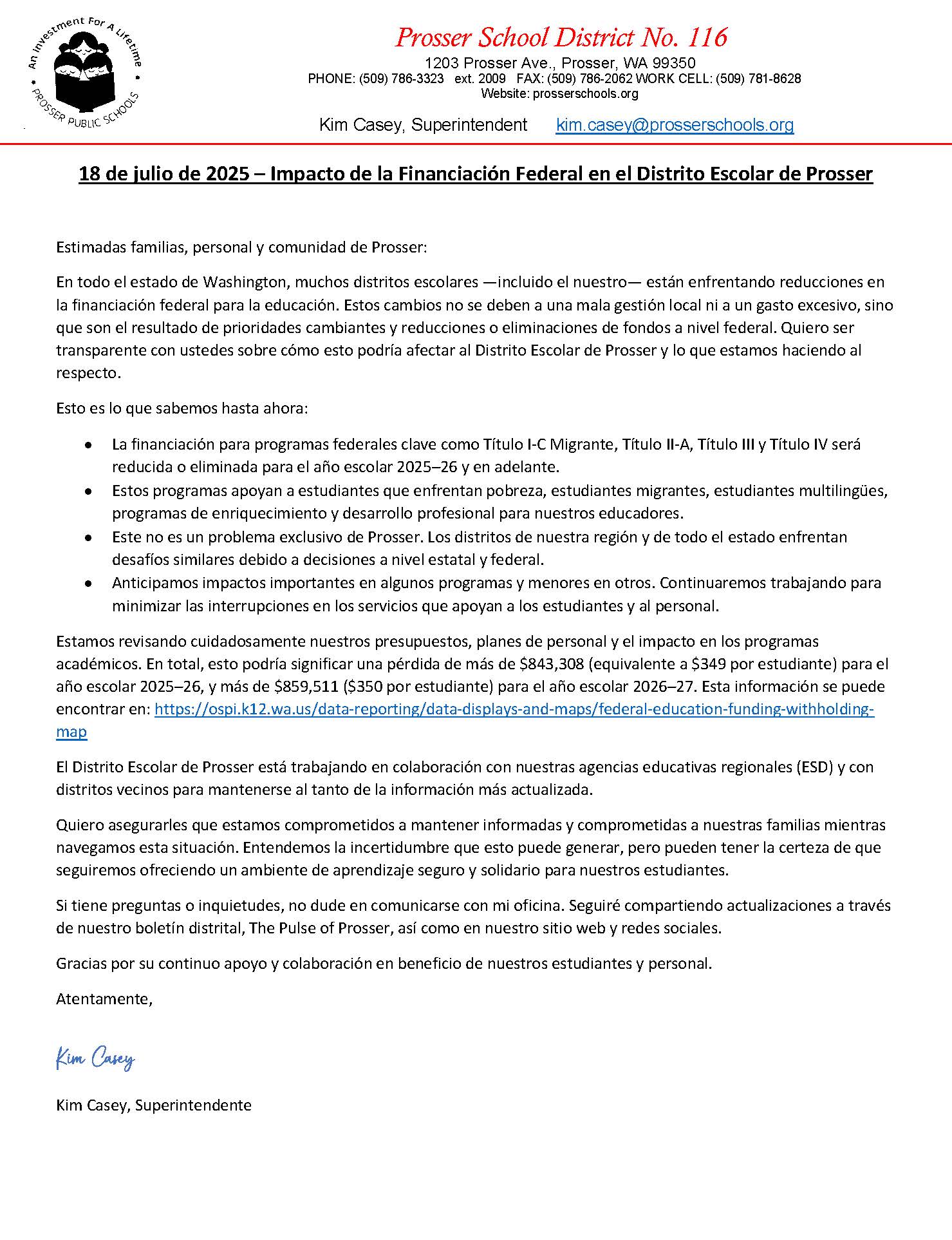 Spanish letter for Federal Funding Impact on PSD