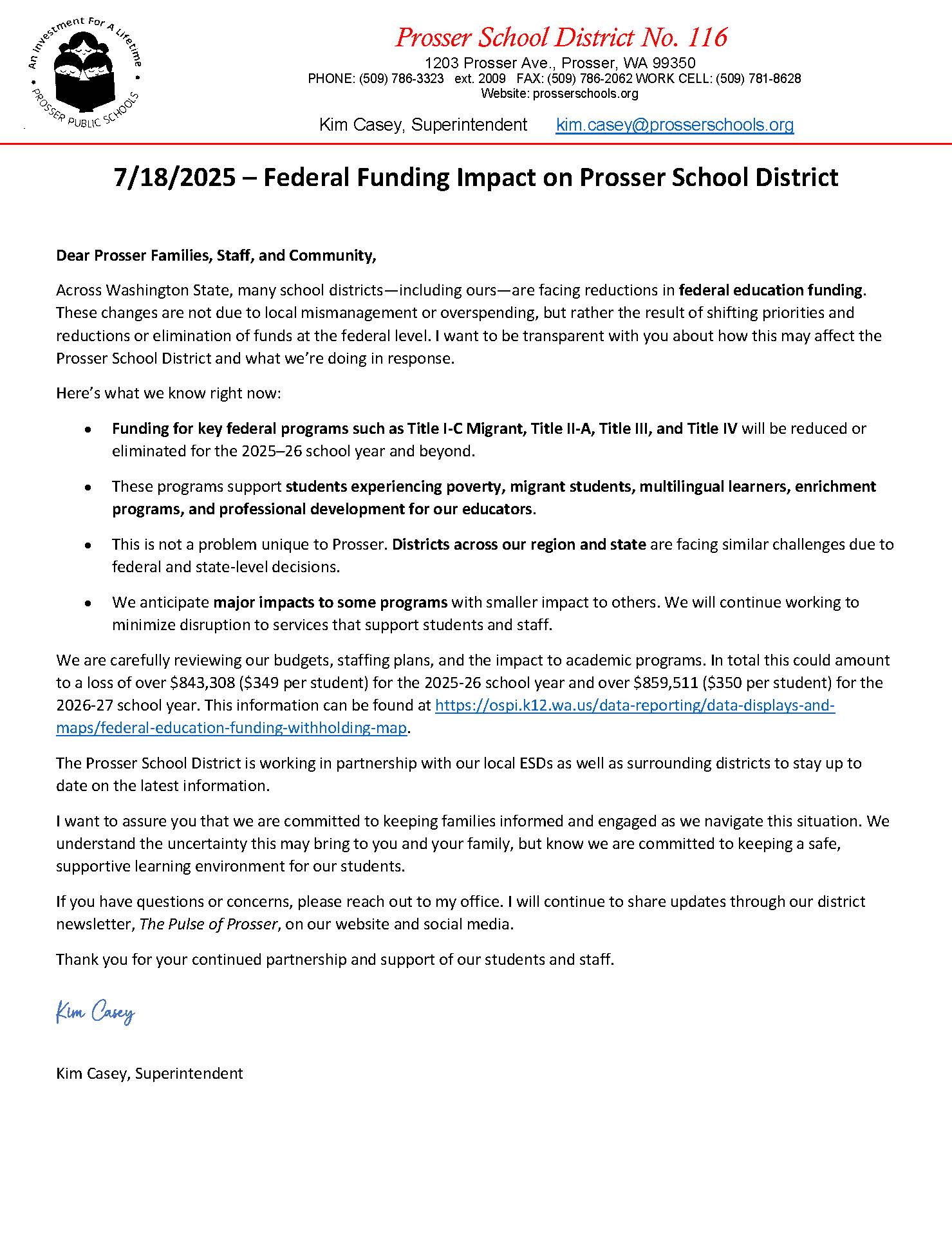English letter for Federal Funding Impact on PSD