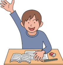 clipart drawing of a male student with brown hair sitting at a desk raising his hand with an eager expression 