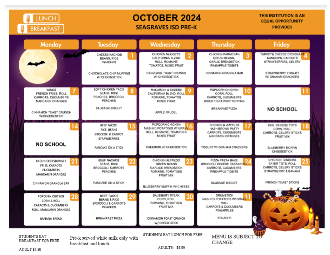 Pre-K October Menu