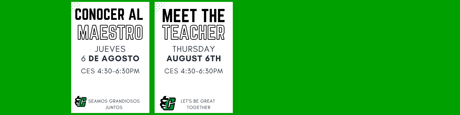 Website header featuring bilingual "Meet the Teacher" information for Clifton ISD. The left panel, in Spanish, reads "Conocer al Maestro" with the date "Jueves, 6 de agosto." The right panel, in English, reads "Meet the Teacher" with the date "Thursday, August 6th." Both panels list campus times: Clifton Elementary (CES) from 4:30–6:30 p.m., Clifton Middle School (CMS) from 5:00–6:30 p.m., and Clifton High School (CHS) from 5:00–6:30 p.m. The Clifton ISD logo and the tagline "Let's Be Great Together" appear at the bottom of each panel. The design uses Clifton ISD's Kelly green, black, white and gray color palette with bold, high-contrast typography.