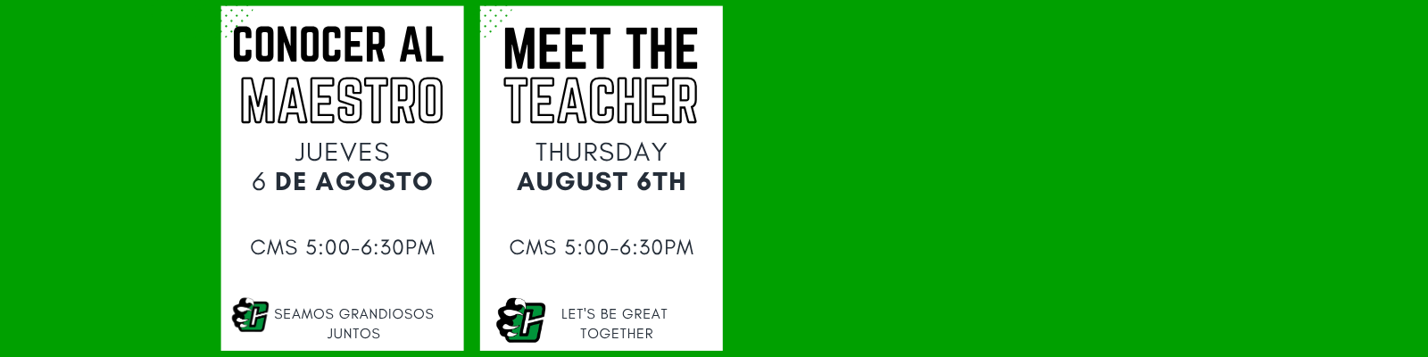 Website header featuring bilingual "Meet the Teacher" information for Clifton ISD. The left panel, in Spanish, reads "Conocer al Maestro" with the date "Jueves, 6 de agosto." The right panel, in English, reads "Meet the Teacher" with the date "Thursday, August 6th." Both panels list campus times: Clifton Elementary (CES) from 4:30–6:30 p.m., Clifton Middle School (CMS) from 5:00–6:30 p.m., and Clifton High School (CHS) from 5:00–6:30 p.m. The Clifton ISD logo and the tagline "Let's Be Great Together" appear at the bottom of each panel. The design uses Clifton ISD's Kelly green, black, white and gray color palette with bold, high-contrast typography.