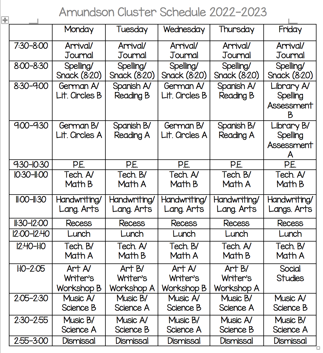 Amundson Schedule