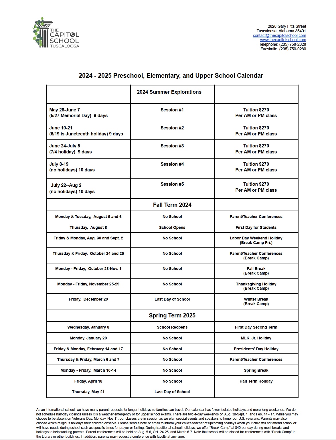 Preschool, Elementary, Upper School 2024-2025 Calendar