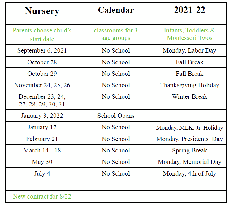 Nursery Calendar