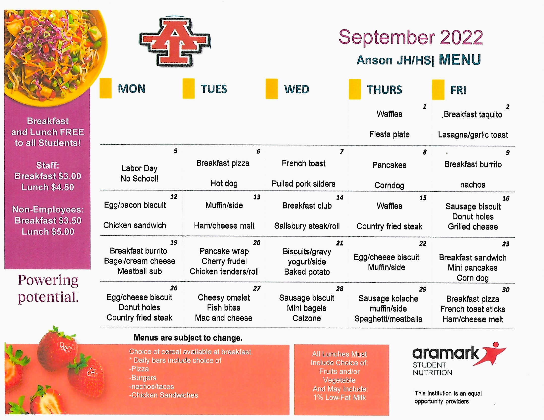 September middle school and high school menu