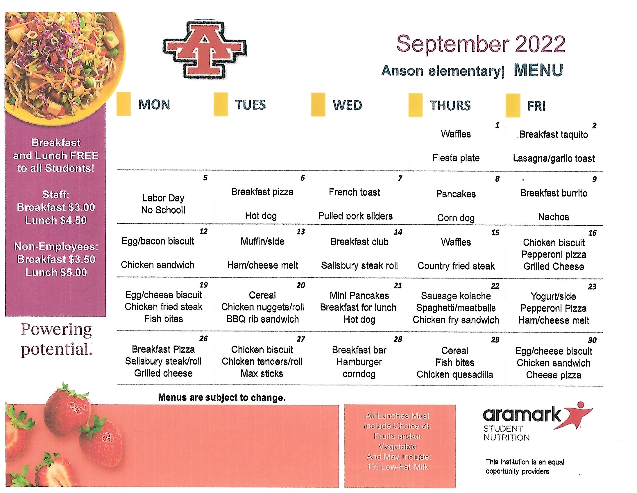 elementary September menu