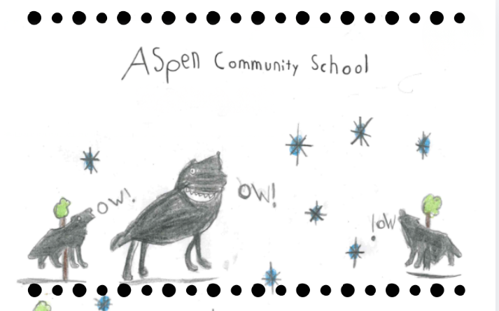 Drawing of three wolves howling with stars and trees, labeled "Aspen Community School" at the top.