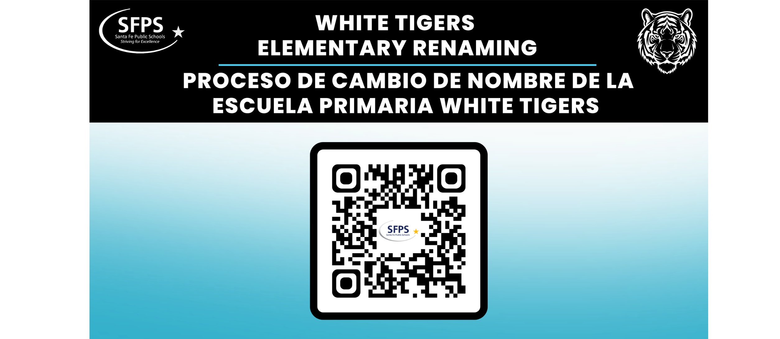 Blue and black sign with "White Tigers Elementary Renaming" text, a tiger logo, and QR code.