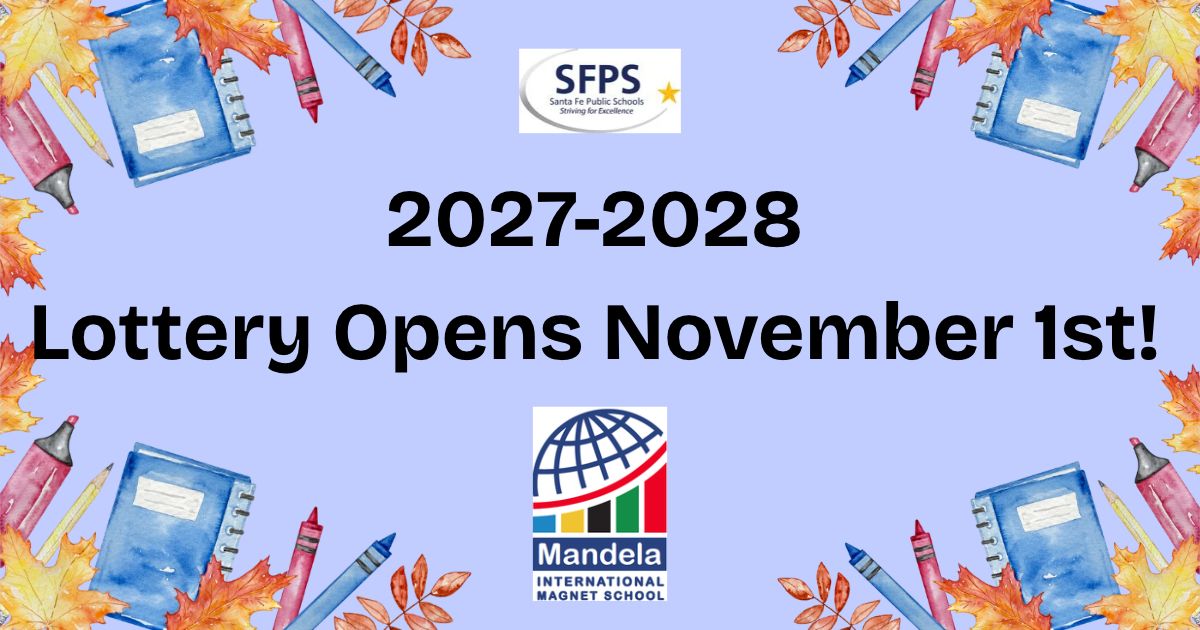 A colorful graphic with text, books, pencils, and leaves. "2027-2028 Lottery Opens November 1st!" is written on a purple background.