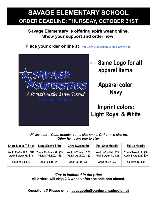 savage elementary school spirit wear information 