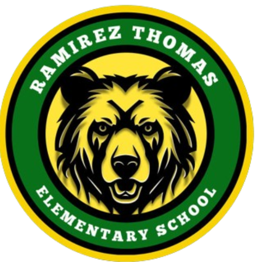 Logo featuring a bear head in black and yellow colors against a green background with "Ramírez Thomas Elementary School" in white.