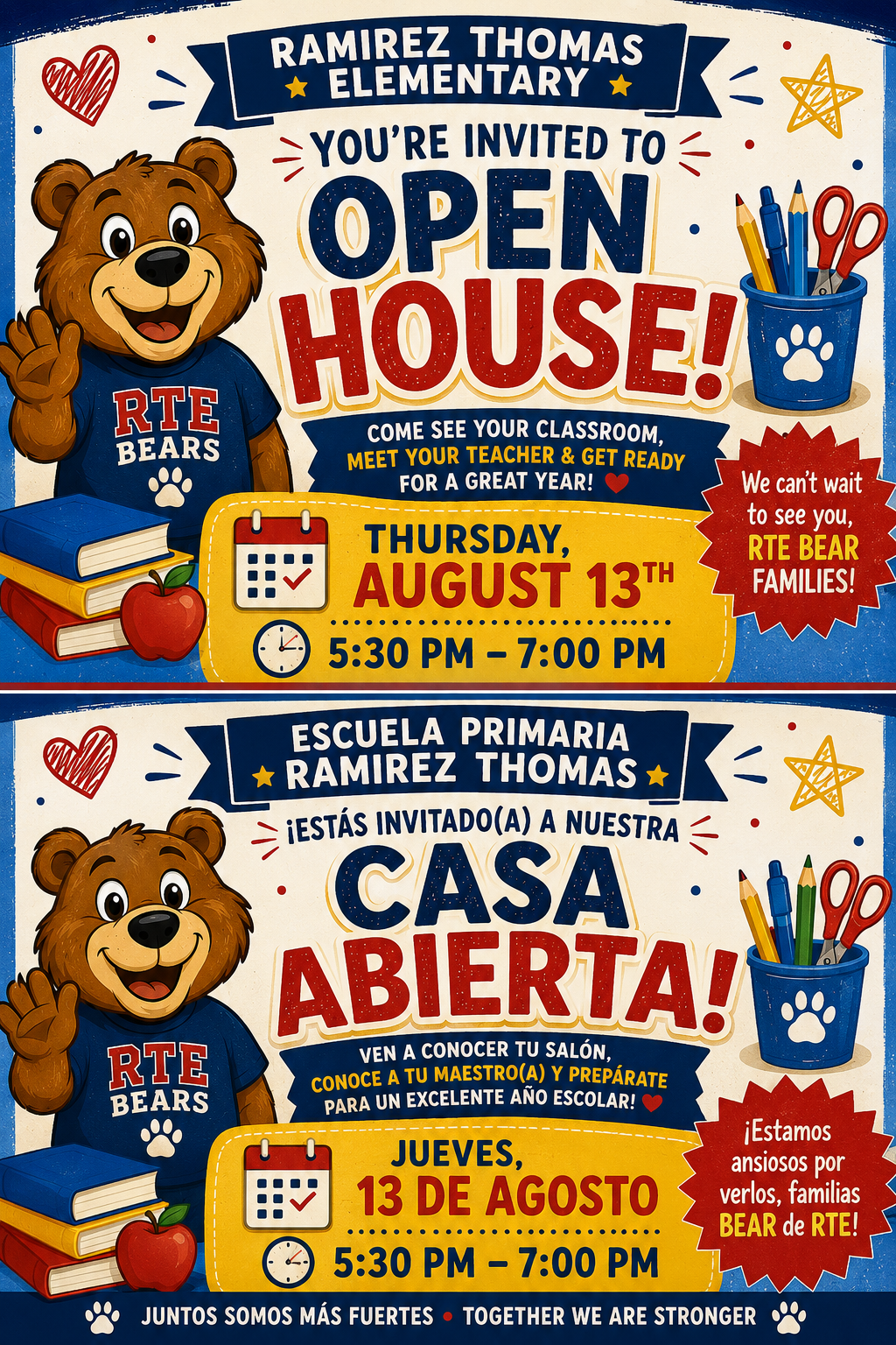 Invitation poster with blue and white background. Two bears wearing blue shirts. Dates and times listed. Spanish and English text.
